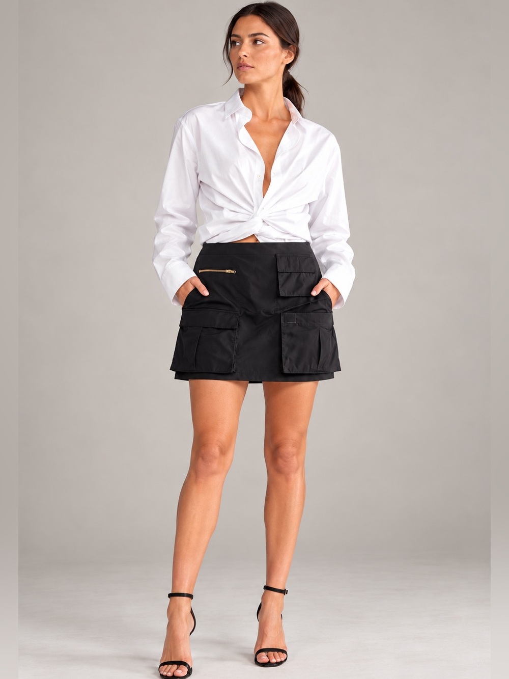 Cynthia Rowley Cargo Mini Skirt Black Size 6 Gold Zip Utility Pockets Excellent